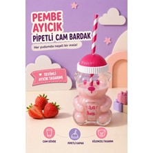 Ezupack Cam Bardak Ayıcıklı Soğuk Frozen Detox Latte Içecek Bardağı Pipetli 500 ml Pembe Kapaklı