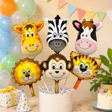 Parti Dükkanı Safari Hayvan Folyo Balon Seti 6'lı 14 Inç | Aslan, Zürafa, Zebra, Maymun, Kaplan ve Inek Figürlü Folyo Balon | Safari Doğum Günü Parti Süsü