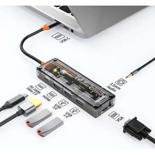 Uravas Store Ally 6in1 Type-C To Usb3.0 + Usb2.0 + Type-C Pd 100W + HDMI + VGA + 3.5mm  Çoğaltıc Transparanı HUB-(5775)