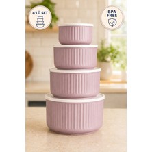 Ezupack 4'lü Yuvarlak Saklama Kabı Seti Çizgili Bej | 2.5l 1.5l 0.80L 0.45L | Mikrodalga ve Dondurucu Uyumlu