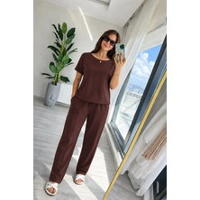 Defy Moda Kadın Kısa Kollu Bisiklet Yakalı Viskon Iki Iplik Bluz ve Pantolon Ikili Takım