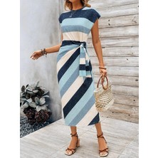 Defy Moda Kadın Kısa Kollu Bisiklet Yaka Belden Kuşaklı Uzun Süprem Elbise