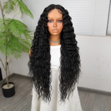 Hsc Bilişim Ekstra Uzun Yoğun Afro Dalga Siyah Fiber Sentetik Geniş T Tül Peruk