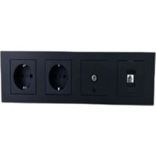 MB Grup Ovivo Siyah 4 Lü Set 2 Adet Topraklı Priz+1 Adet Tv-Uydu+1 Adet Numeris+1 Adet 4 Lü Çerçeve