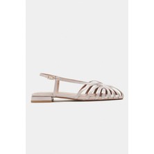 Nişantaşı Shoes Leny Koyu Bej Saten Biyeli 1-2 cm Kalın Topuklu Kadın Sandalet Babet