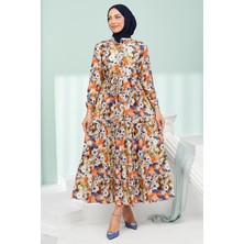 İmaj Butik Orange Yarım Düğmeli Kol Lastikli Eteği Katlı Elbise