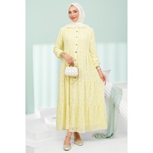 İmaj Butik Sarı Yarım Düğmeli Eteği Katlı Jakarlı Elbise