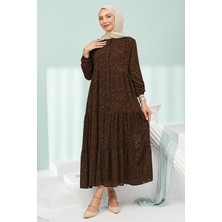 İmaj Butik Kahverengi Yarım Düğmeli Eteği Katlı Jakarlı Elbise