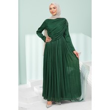 İmaj Butik Zümrüt Önü Büzgülü Yaka Taşlı Abiye