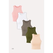 Özkan Underwear 5'li Kadın Pamuklu Likralı Ribana Fitilli Crop Atlet Tişört | 27120