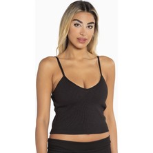 Kadın 2'li Paket Pedli Fitilli Kaşkorse Crop Top Seti - Ip Askılı Siyah Beyaz Bustiyer