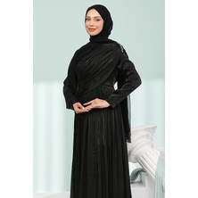 İmaj Butik Siyah Önü Büzgülü Yaka Taşlı Abiye