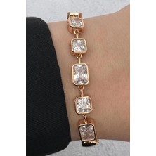 Leo'Stone Kararmaz Renk Atmaz Xuping Rose Gold Kalp Detaylı Baget Taşlı Kadın Çelik Bileklik