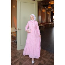 İmaj Butik Pembe Yarım Düğmeli Fisto Nakışlı Elbise