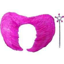 Uravas Store Gerçek Tüylü Katlanabilir Çocuk Pembe Melek Kanadı ve Asa Seti 40X55 cm (5528)