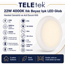 Teletek 22W 3000K Gün Işığı LED Glob Hareket Sensörlü ve Acil Durum Kitli Beyaz Armatür Ip 20 2000LM