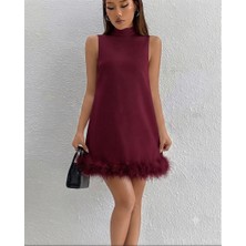 Nake Butik Kadın Dik Yaka Kolsuz Tüy Detaylı Mini Elbise