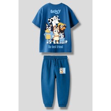 Magu Erkek Çocuk Pamuklu Mavi Karakter Baskılı T-Shirt Jogger Pantolon Takım