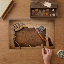 Eski Harita- Pusula- Dünya Haritası Tasarımı 240 Parça Ahşap Puzzle Ahşap Kutuda  MP00284
