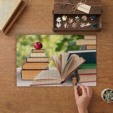 Kitaplar ve Kırmızı Elma Tasarımı 240 Parça Ahşap Puzzle Ahşap Kutuda  MP00713