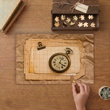 Eski Mektuplar ve Retro Saat Tasarımı 240 Parça Ahşap Puzzle Ahşap Kutuda  MP00438