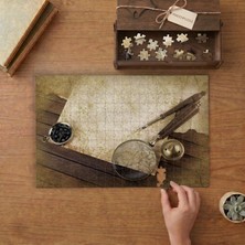 Büyüteç  Kalem Pusula Eski Harita Tasarımı 240 Parça Ahşap Puzzle Ahşap Kutuda  MP00155