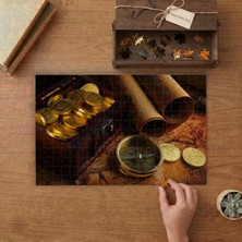 Eski Harita Madeni Paralar Pusula Tasarımı 240 Parça Ahşap Puzzle Ahşap Kutuda  MP03578
