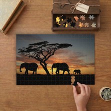 Günbatımında Yürüyen Fil Ailesi Tasarımı 240 Parça Ahşap Puzzle Ahşap Kutuda  MP05120