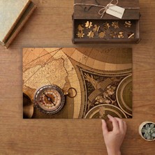 Eski Dünya Haritası ve Pusula  Tasarımı 240 Parça Ahşap Puzzle Ahşap Kutuda  MP04085