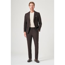 İmza Kahverengi-Antrasit Mono Yaka Çizgili 6 Drop Slim Fit Tam Astar Esnek Takım Elbise 1001260901