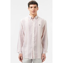 Lacoste Men's Regular Fit  Button-Down Collar Linen Shirt Erkek Düğmeli Yaka Keten Gömlek Kahverengi
