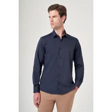 İmza Lacivert Sert Yaka Uzun Kol Cepsiz Slim Fit Esnek Su Itici Gömlek 1004260234