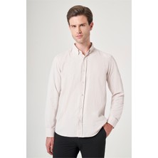 İmza Bej Düğmeli Yaka Oxford Slim Fit Pamuklu Gömlek 1004265284