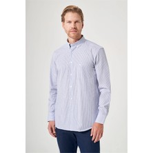 İmza Beyaz-Lacivert Düğmeli Yaka Uzun Kol Cepli Kareli Desen Comfort Fit %100 Pamuk Gömlek 1004260225