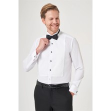 İmza Beyaz Ata Yaka Uzun Kol Cepsiz Slim Fit Pamuklu Damatlık Gömlek 1004260200