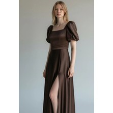 Drape Kare Yaka Karpuz Kol Uzun Saten Elbise 570