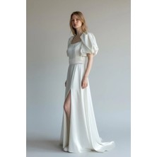 Drape Kare Yaka Karpuz Kol Uzun Saten Elbise 570