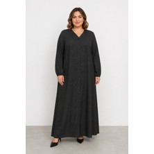 Bihan Store Kadın V Yaka Boydan Düğmeli Dokulu Maxi Elbise 1688-SIYAH