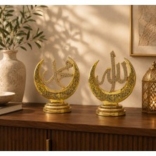 Minawish Altın Sarısı Hilal Model Allah ve Muhammed Lafızlı Taşlı 2'li Dini Biblo Seti