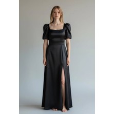 Drape Kare Yaka Karpuz Kol Uzun Saten Elbise 570