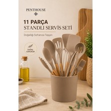 Penthouse 11 Parça Standlı Silikon Servis Seti Bambu Saplı Mutfak Gereçleri Seti Isıya Dayanıklı