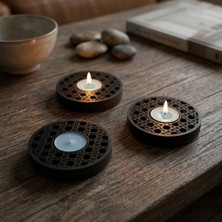 Hedea Dekoratif Ahşap Hazeran Örgü Desenli Tealight Mumluk Siyah 3 Lü
