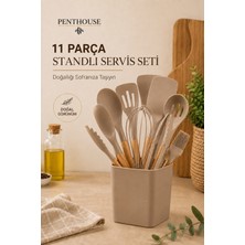 Penthouse 11 Parça Standlı Silikon Servis Seti Bambu Saplı Mutfak Gereçleri Seti Isıya Dayanıklı