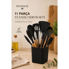 Penthouse 11 Parça Standlı Silikon Servis Seti Bambu Saplı Mutfak Gereçleri Seti Isıya Dayanıklı