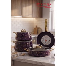 EVREN MUTFAK 7 Parça Mermer Desen  Mor (Purple) Granit Tencere Seti Yapışmaz Taban