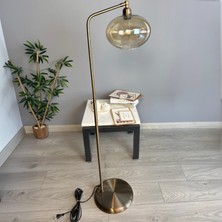 Bamyum Solvia Kısa Boylu Bal Rengi Cam Eskitme Düz Gövde Metal Kısa Lambader Modern Dekoratif Zemin Lambası