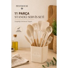Penthouse 11 Parça Standlı Silikon Servis Seti Bambu Saplı Mutfak Gereçleri Seti Isıya Dayanıklı