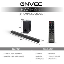 Onvec Harmony 2.1 Kanal Soundbar Bluetooth 5.3 HDMI Arc USB Optik Girişli Kablolu Subwoofer Ev Sinema Hoparlör Sistemi