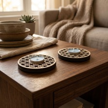 Hedea Dekoratif Ahşap Hazeran Örgü Desenli Ikili Tealight Mumluk Iki Katman
