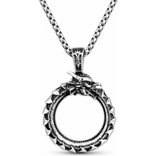 Ak Store Silver Erkek Ouroboros Figürlü K-133 Paslanmaz Kromix Çelik Gümüş Kaplama Yokoluş ve Yeniden Varoluş Sembolü Ejderha Madalyon